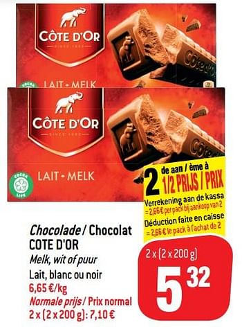 Promotions Chocolade - chocolat cote d`or melk, wit of puur lait, blanc ou noir - Cote D'Or - Valide de 14/08/2018 à 21/08/2018 chez Match