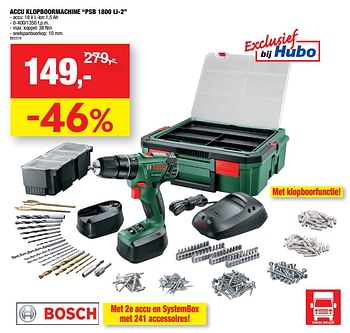 Promoties Bosch accu klopboormachine psb 1800 li-2 - Bosch - Geldig van 15/08/2018 tot 26/08/2018 bij Hubo
