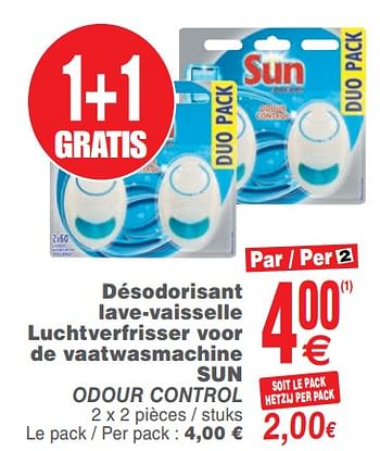 Promotions Désodorisant lave-vaisselle luchtverfrisser voor de vaatwasmachine sun odour control - Sun - Valide de 14/08/2018 à 20/08/2018 chez Cora