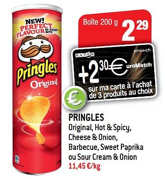 Promotions Pringles original, hot + spicy, cheese + onion - Pringles - Valide de 14/08/2018 à 21/08/2018 chez Smatch