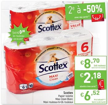 Promotions Scottex papier toilette maxi clean blanc - Scottex - Valide de 14/08/2018 à 19/08/2018 chez Intermarche