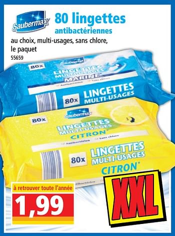 Promotions 80 lingettes multi-usages antibactériennes - Saubermax - Valide de 14/08/2018 à 21/08/2018 chez Norma