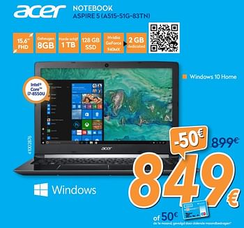 Promoties Acer notebook aspire 5 a515-51g-83tn - Acer - Geldig van 16/08/2018 tot 31/08/2018 bij Krefel