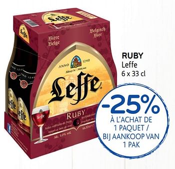 Promoties Ruby leffe, -25% à l`achat de 1 paquet - Leffe - Geldig van 15/08/2018 tot 28/08/2018 bij Alvo