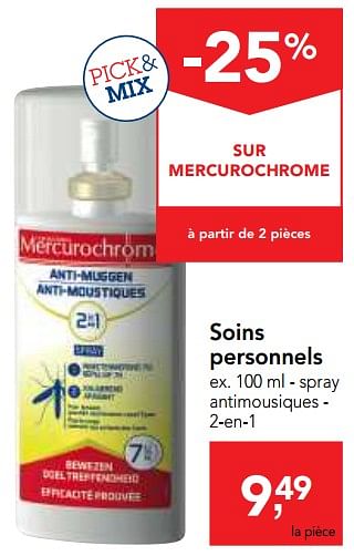 Promotions Soins personnels spray antimousiques - 2-en-1 - Mercurochrome - Valide de 15/08/2018 à 28/08/2018 chez Makro