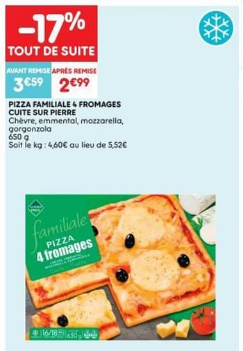 Promotions Pizza familiale 4 fromages cuite sur pierre - Produit Maison - Leader Price - Valide de 15/08/2018 à 19/08/2018 chez Leader Price