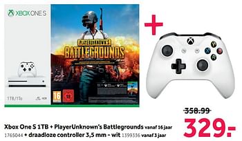 Promoties Xbox one s 1tb + playerunknown`s battlegrounds + draadloze controller 3,5 mm - wit - Microsoft Game Studios - Geldig van 13/08/2018 tot 02/09/2018 bij Intertoys