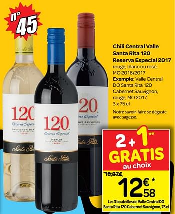 Promotions Chili central valle santa rita 120 reserva especial 2017 - Vins rouges - Valide de 14/08/2018 à 27/08/2018 chez Carrefour