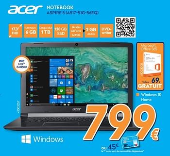 Promotions Acer notebook aspire 5 (a517-51g-56eq) - Acer - Valide de 16/08/2018 à 31/08/2018 chez Krefel