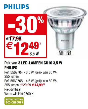 Promoties Pak van 3 led-lampen gu10 3,5 w philips - Philips - Geldig van 22/08/2018 tot 10/09/2018 bij Brico
