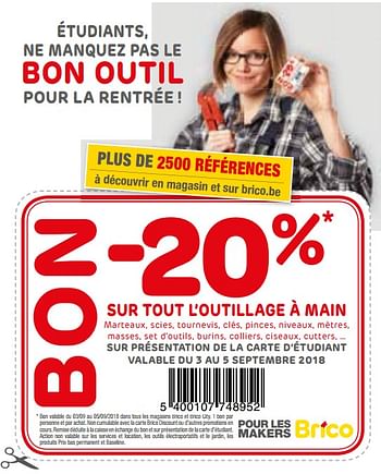 Promotions -20% sur tout l`outillage à main - Produit maison - Brico - Valide de 03/09/2018 à 05/09/2018 chez Brico