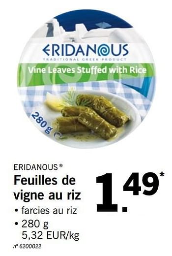Promotions Feuilles de vigne au riz - Eridanous - Valide de 20/08/2018 à 25/08/2018 chez Lidl