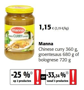 Promotions Manna chinese curry groentesaus of bolognese - Manna - Valide de 16/08/2018 à 28/08/2018 chez Colruyt
