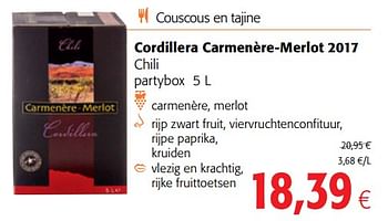 Promoties Cordillera carmenère-merlot 2017 chili - Rode wijnen - Geldig van 16/08/2018 tot 28/08/2018 bij Colruyt