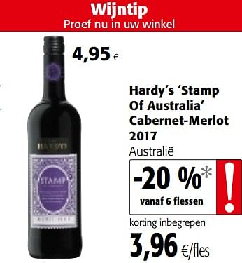 Promoties Hardy`s `stamp of australia` cabernet-merlot 2017 - Rode wijnen - Geldig van 16/08/2018 tot 28/08/2018 bij Colruyt