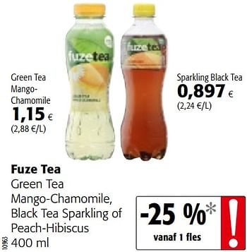 Promoties Fuze tea green tea mango-chamomile, black tea sparkling of peach-hibiscus - FuzeTea - Geldig van 16/08/2018 tot 28/08/2018 bij Colruyt