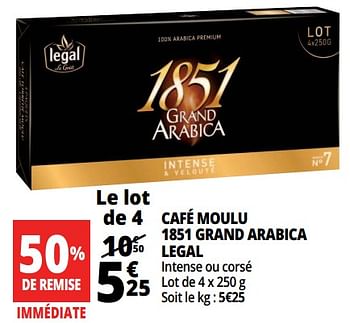 Promotions Café moulu 1851 grand arabica legal - Legal - Valide de 14/08/2018 à 21/08/2018 chez Auchan Ronq