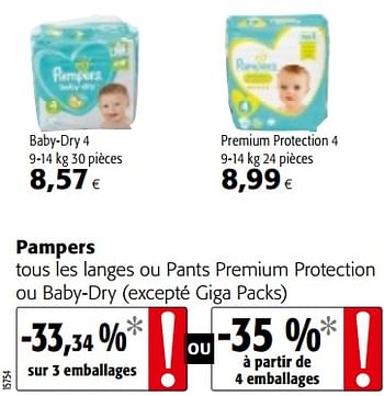 Promotions Pampers tous les langes ou pants premium protection ou baby-dry - Pampers - Valide de 16/08/2018 à 28/08/2018 chez Colruyt