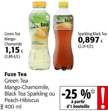 Promotions Fuze tea green tea mango-chamomile, black tea sparkling ou peach-hibiscus - FuzeTea - Valide de 16/08/2018 à 28/08/2018 chez Colruyt