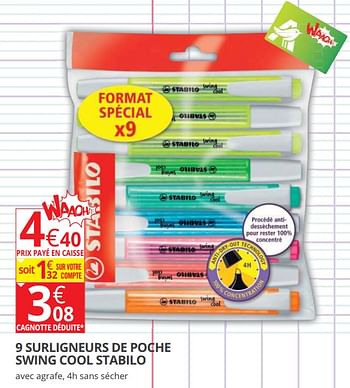 Promotions 9 surligneurs de poche swing cool stabilo - Stabilo - Valide de 14/08/2018 à 02/09/2018 chez Auchan Ronq
