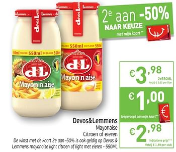 Promoties Devos+lemmens mayonaise citroen of eieren - Devos Lemmens - Geldig van 21/08/2018 tot 26/08/2018 bij Intermarche