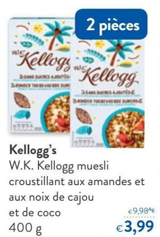 Promotions Kellogg`s w.k. kellogg muesli croustillant aux amandes et aux noix de cajou et de coco - Kellogg's - Valide de 16/08/2018 à 28/08/2018 chez OKay