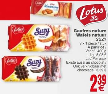 Promoties Gaufres nature wafels natuur suzy - Lotus Bakeries - Geldig van 21/08/2018 tot 27/08/2018 bij Cora