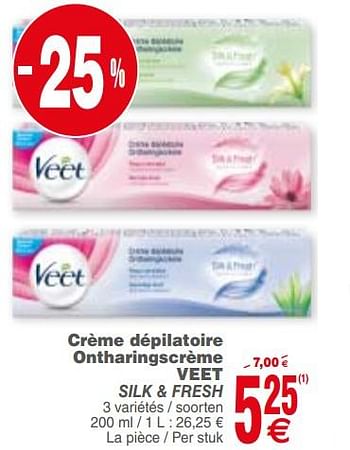 Promoties Crème dépilatoire ontharingscrème veet silk + fresh - Veet - Geldig van 21/08/2018 tot 27/08/2018 bij Cora