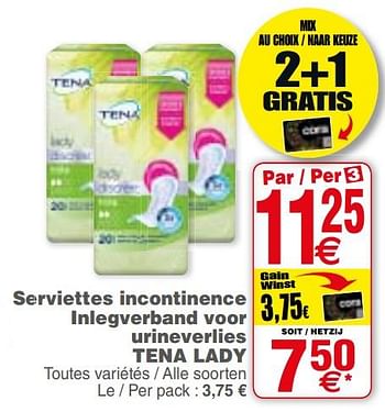 Promotions Serviettes incontinence inlegverband voor urineverlies tena lady - Tena - Valide de 21/08/2018 à 27/08/2018 chez Cora