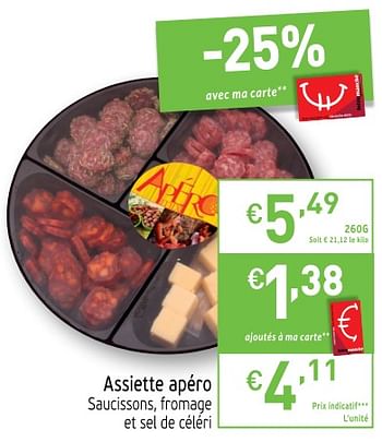 Promotions Assiette apéro saucissons, fromage et sel de céléri - Produit maison - Intermarche - Valide de 21/08/2018 à 26/08/2018 chez Intermarche