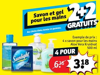 Promotions 4 x savon pour les mains aloe vera kruidvat - Sunlight - Valide de 21/08/2018 à 26/08/2018 chez Kruidvat