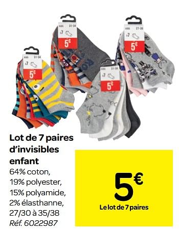Promotions Lot de 7 paires d`invisibles enfant - Produit maison - Carrefour  - Valide de 22/08/2018 à 27/08/2018 chez Carrefour