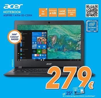 Promoties Acer notebook aspire 1 a114-32-c3xn - Acer - Geldig van 27/08/2018 tot 26/09/2018 bij Krefel