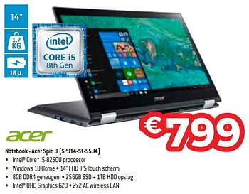 Promoties Acer notebook - acer spin 3 (sp314-51-55u4) - Acer - Geldig van 17/08/2018 tot 30/09/2018 bij Exellent