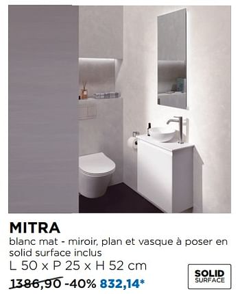 Promotions Mitra blanc mat - miroir, plan et vasque à poser en solid surface inclus - Balmani - Valide de 03/09/2018 à 30/09/2018 chez X2O