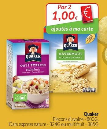 Promotions Quaker flocons d`avoine , oats express nature ou multifruit - Quaker - Valide de 28/08/2018 à 24/09/2018 chez Intermarche