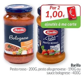 Promoties Rosso barilla pesto rosso , pesto alla genovese ou sauce bolognese - Barilla - Geldig van 28/08/2018 tot 24/09/2018 bij Intermarche