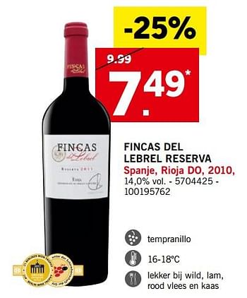 Promoties Fincas del lebrel reserva - Rode wijnen - Geldig van 03/09/2018 tot 30/09/2018 bij Lidl