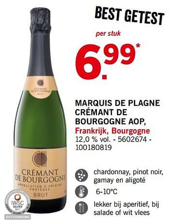 Promoties Marquis de plagne crémant de bourgogne aop - Schuimwijnen - Geldig van 03/09/2018 tot 30/09/2018 bij Lidl