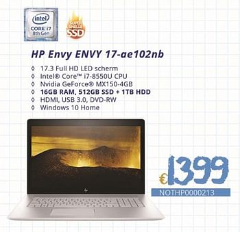 Promoties Hp envy envy 17-ae102nb - HP - Geldig van 01/09/2018 tot 30/09/2018 bij Compudeals