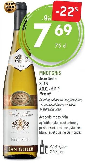 Promoties Pinot gris jean geiler 2016 a.o.c. • m.r.p. - Witte wijnen - Geldig van 05/09/2018 tot 02/10/2018 bij Match