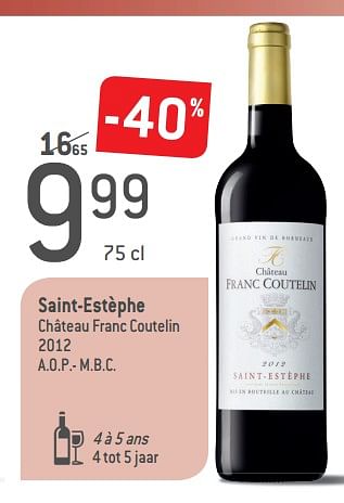 Promoties Saint-estèphe château franc coutelin 2012 - Rode wijnen - Geldig van 05/09/2018 tot 02/10/2018 bij Match