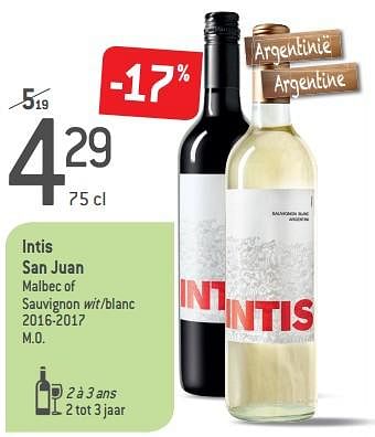 Promoties Intis san juan malbec of sauvignon wit -blanc 2016-2017 m.o - Witte wijnen - Geldig van 05/09/2018 tot 02/10/2018 bij Match