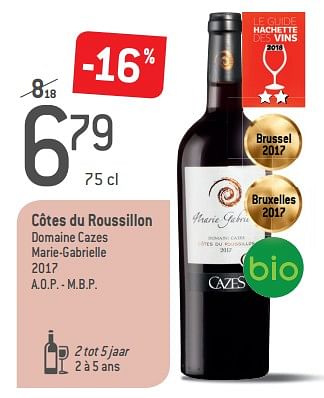 Promoties Côtes du roussillon domaine cazes marie-gabrielle 2017 - Rode wijnen - Geldig van 05/09/2018 tot 02/10/2018 bij Match