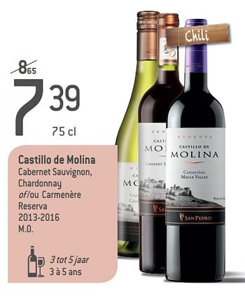 Promoties Castillo de molina cabernet sauvignon, chardonnay of -ou carmenère reserva 2013-2016 m.o - Rode wijnen - Geldig van 05/09/2018 tot 02/10/2018 bij Match