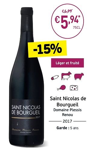 Promoties Saint nicolas de bourgueil domaine plessis renou - Rode wijnen - Geldig van 04/09/2018 tot 23/09/2018 bij Intermarche
