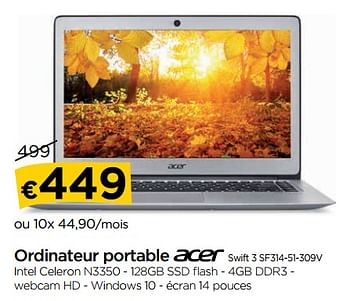 Promotions Acer ordinateur portable swift 3 sf314-51-309v - Acer - Valide de 30/08/2018 à 26/09/2018 chez Molecule