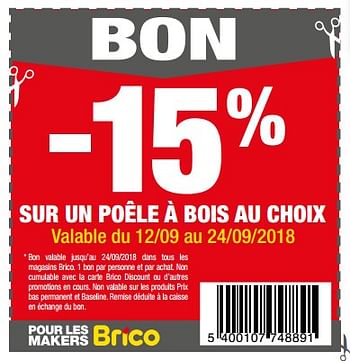Promotions -15% sur un poêle à bois au choix - Produit maison - Brico - Valide de 12/09/2018 à 24/09/2018 chez Brico