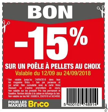Promotions -15% sur un poêle à pellets au choix - Produit maison - Brico - Valide de 12/09/2018 à 24/09/2018 chez Brico