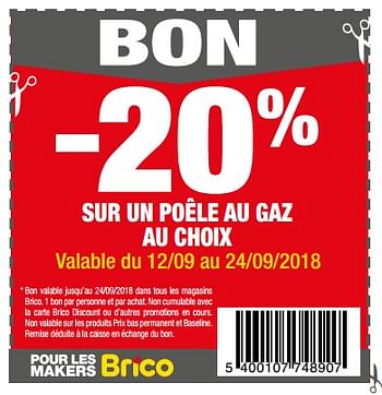Promotions -20% sur un poêle au gaz au choix - Produit maison - Brico - Valide de 12/09/2018 à 24/09/2018 chez Brico